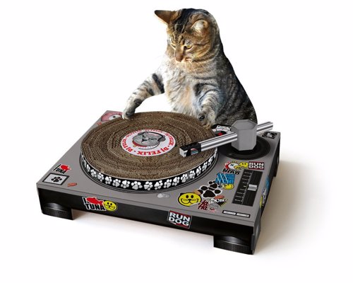 Cat Scratching DJ Deck - Cardboard, mixing deck-shaped cat scratching mat – with spinnable deck and poseable tone arm